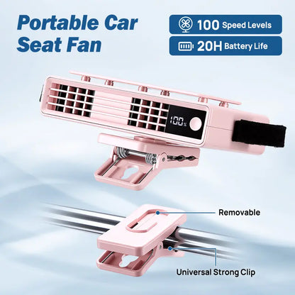 2026 Car Seat Fan Sunvisor Clip Fan, USB Rechargeable Fan with LED Display, 360° Rotation, 100 Speeds Adjustment, Detachable Clip, Magic Tape, 20Hr 3000mAh Battery Summer Fan for Car Baby Stroller Backseat